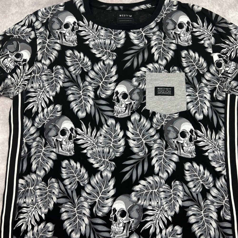 Y2K Westy Manufacturing Co. T Shirt Mens Black Skulls All Over Print Goth L VTG